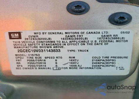 2003 Chevrolet Silverado C1500 из США, поврежденный, VIN 2GCEC19V031143833